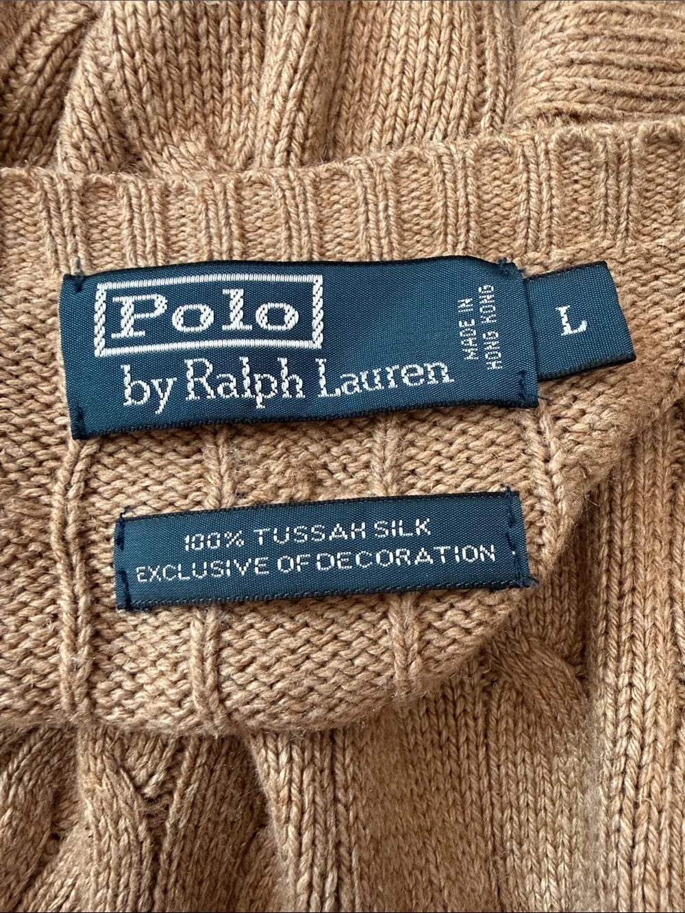 Vintage 90s Polo Ralph Lauren Tan Tussah Silk Cable Knit V-neck Hamptons Sweater